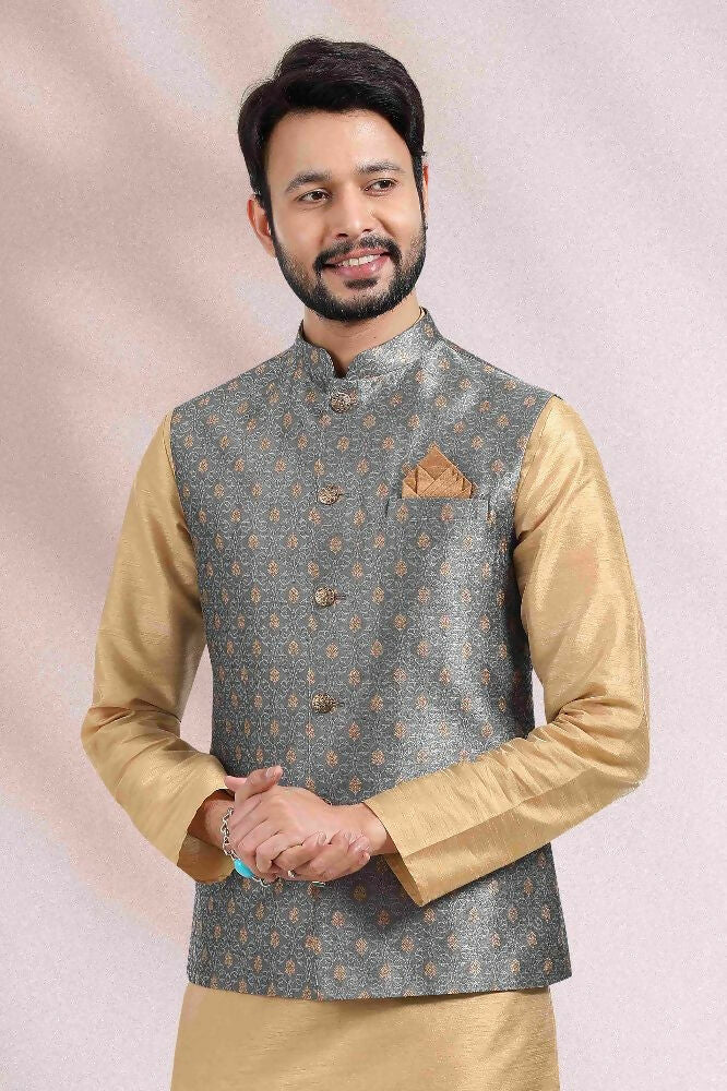 Raivat Ethnic Jacquard Banarasi Silk Woven Work 3 Pics Jacket Set In Grey Colour - Distacart