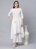 Ahalyaa Women's Off white Pure Cotton Printed Asymmetric Kurta Palazzo Set