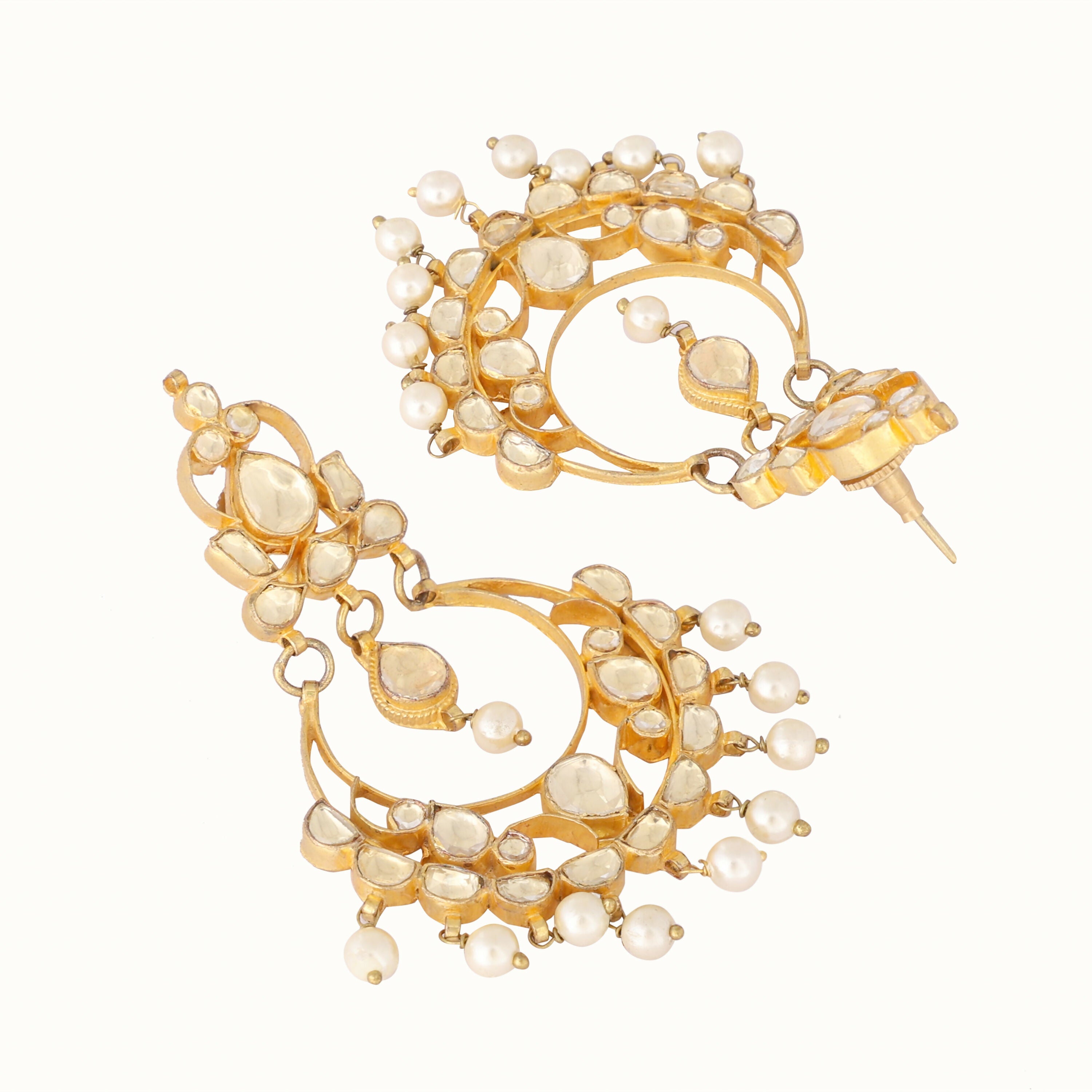 Nuyug 22K Gold Plated Kundan Studded Contemporary Shaped Pearl Drop Chandbalis - Distacart
