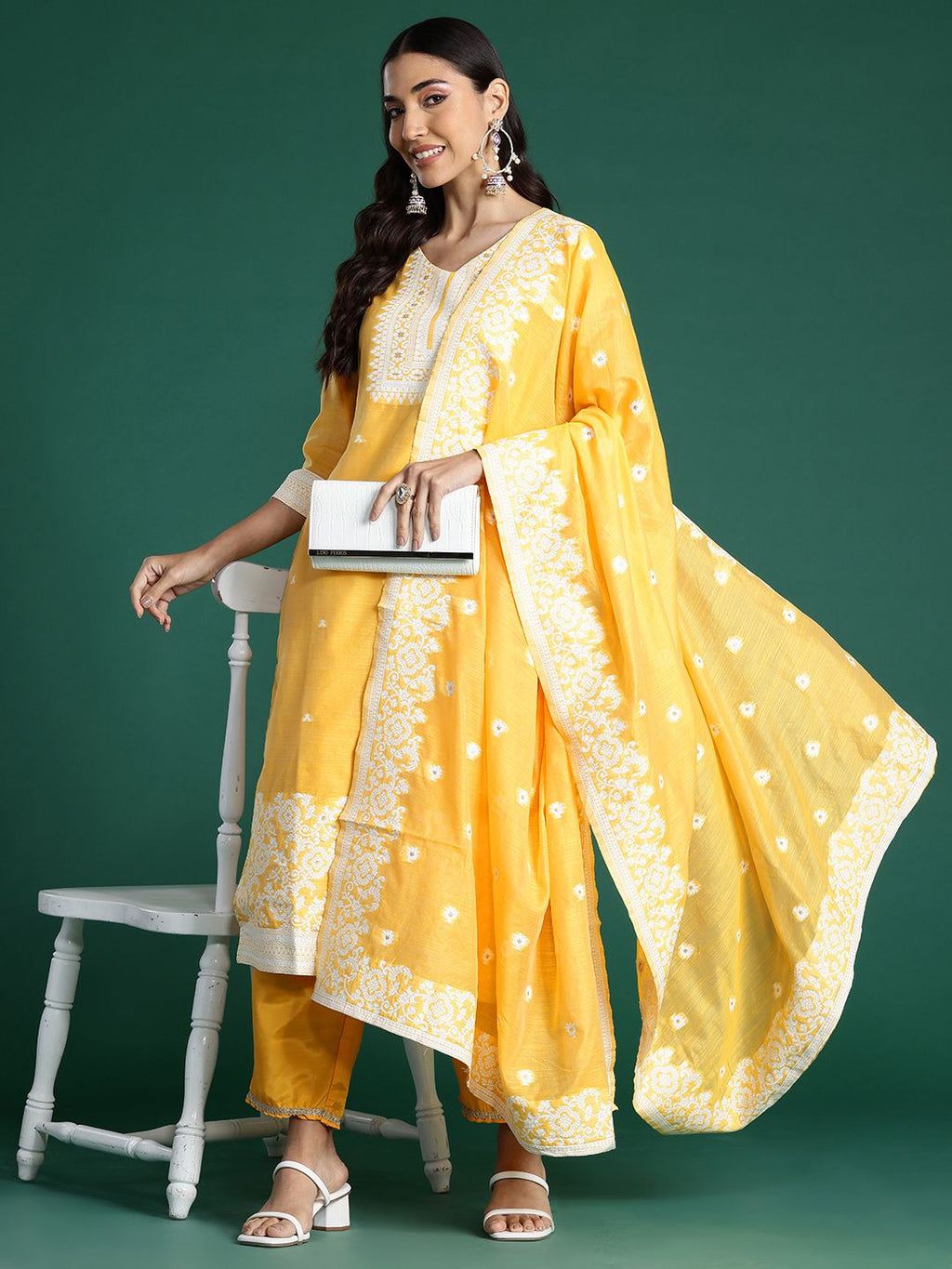 Indo Era Woven Design Jacquard Chanderi Silk Kurta With Trousers & Dupatta - Distacart