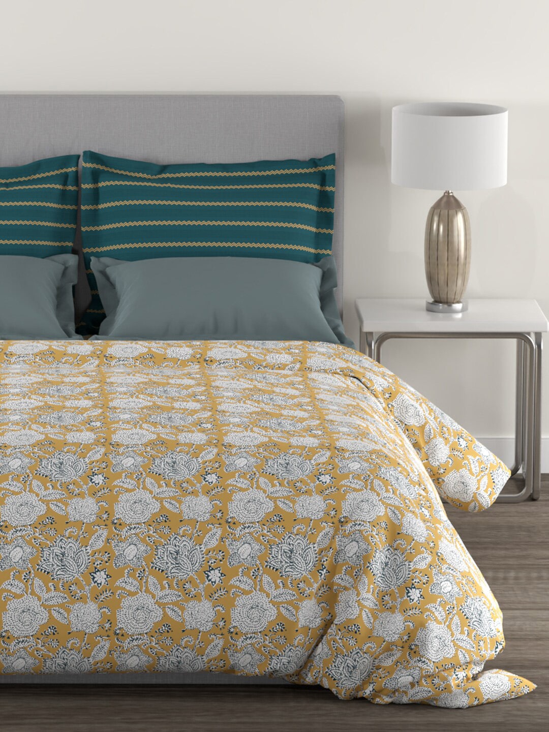 MYTRIDENT Mustard White Floral Cotton 144 TC Queen Bedsheet With 2 Pillow Covers