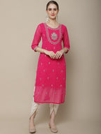 Sangria Women Pink Floral Embroidered Georgette Straight Kurta