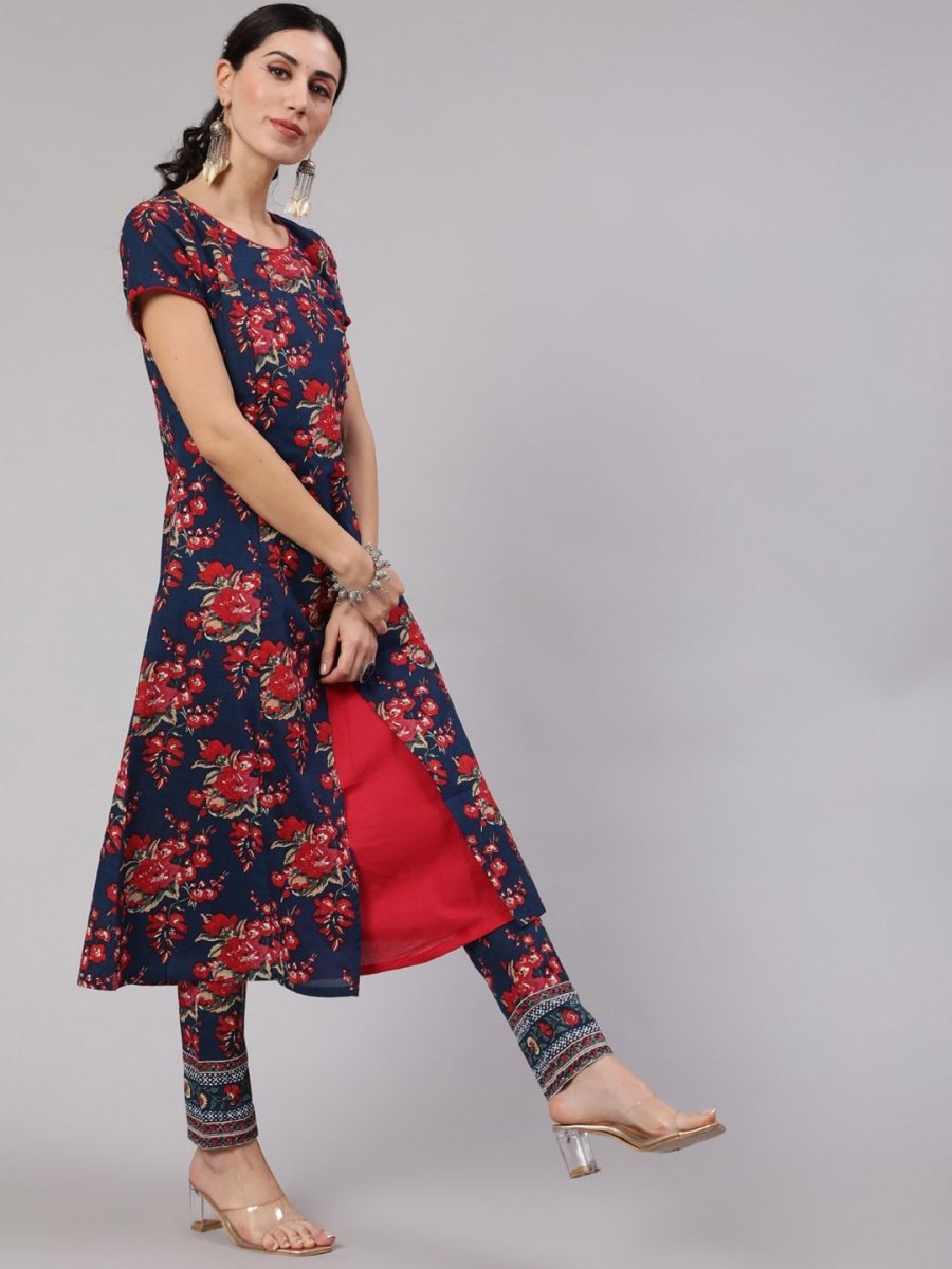 Aks Floral Printed Round Neck A-Line Kurta