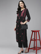 ADA Ethnic Motifs Embroidered Round Neck Chikankari Cotton Kurta