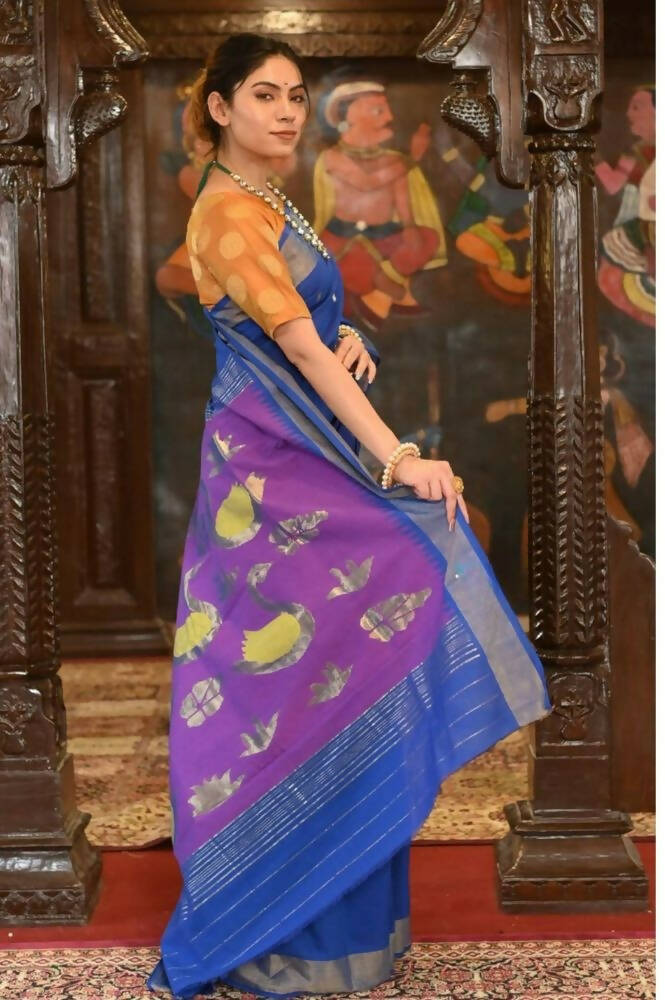 Very Much Indian Handloom Pure Cotton Paithani Swan Pallu-Marine Blue - Distacart