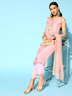 Ahalyaa Women Pastel Pink Colour Organza Glitter Printed Kurta Pant Set With Dupatta - Distacart