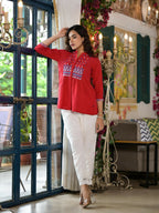 Juniper Women's Red Thread Embroidered Cotton Tunic With Mirror work & Buttons
