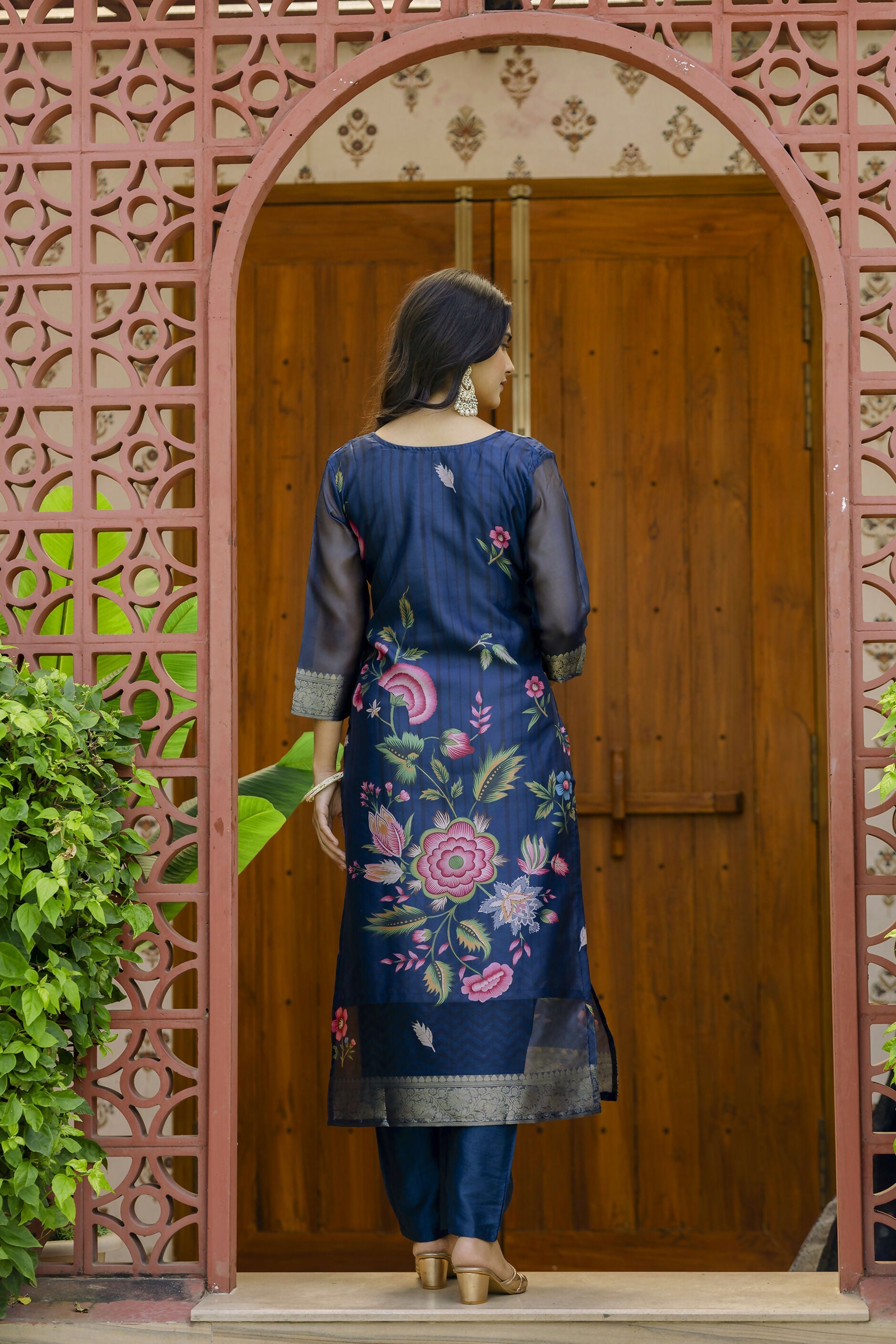 The52 Women's Beautiful Printed Work Jacquard Organza Fabric Straight Kurta Pant and Dupatta Set - Distacart