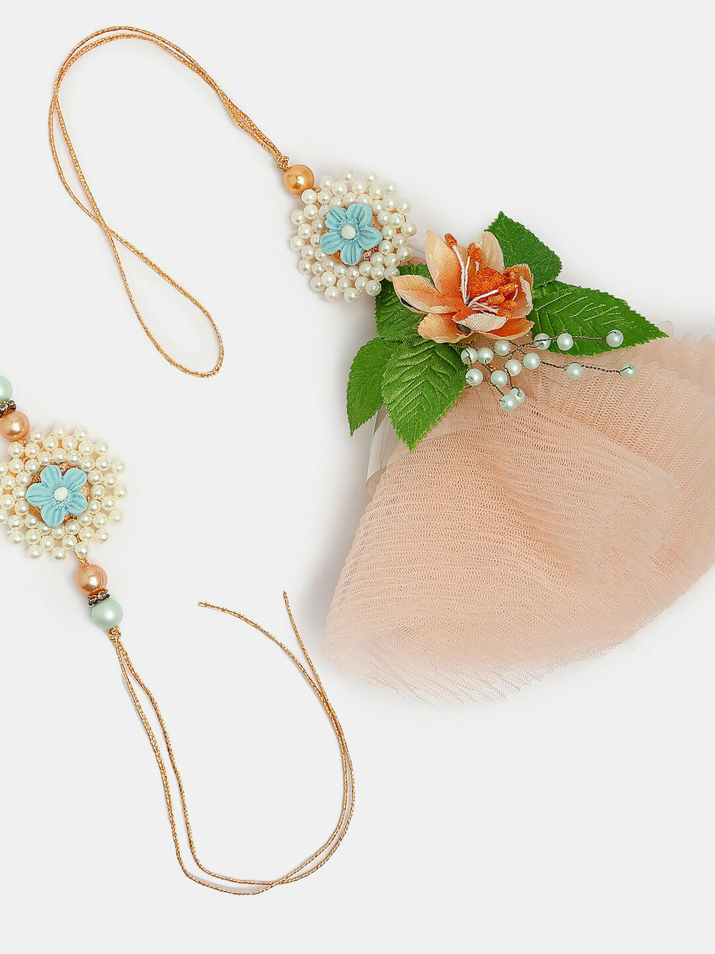NVR Women & Men Set of 2 Peach Floral Design Pearl Beaded Bhaiya Bhabi Rakhi With Roli Chawal & Chocolate - Distacart