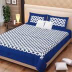Vamika Printed Cotton White & Blue Bedsheet With Pillow Covers (LEOC_BRFI_B)