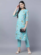 Myshka Women Blue Yellow Printed Kurta with Trousers - Distacart