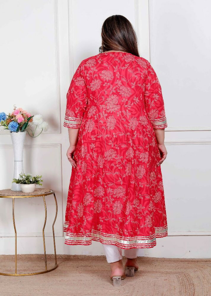 Miravan Plus Size Women'S Red Jaipuri Printed Cotton Ethnic Anarkali Kurta - Distacart
