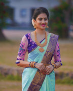 DEIANA'S Beautiful Designer Golden zari Soft Lichi Silk Saree - Sky