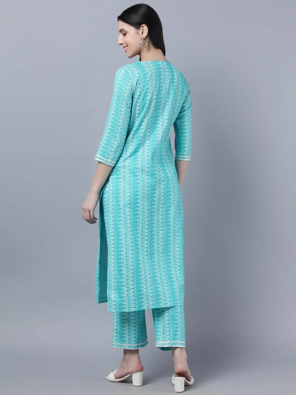 Myshka Women Turquoise Blue Layered Pure Cotton Kurti with Trousers With Dupatta Set - Distacart