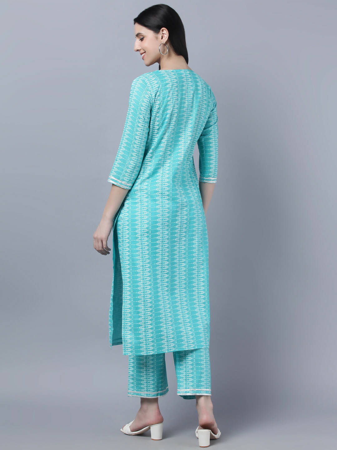 Myshka Women Turquoise Blue Layered Pure Cotton Kurti with Trousers With Dupatta Set - Distacart