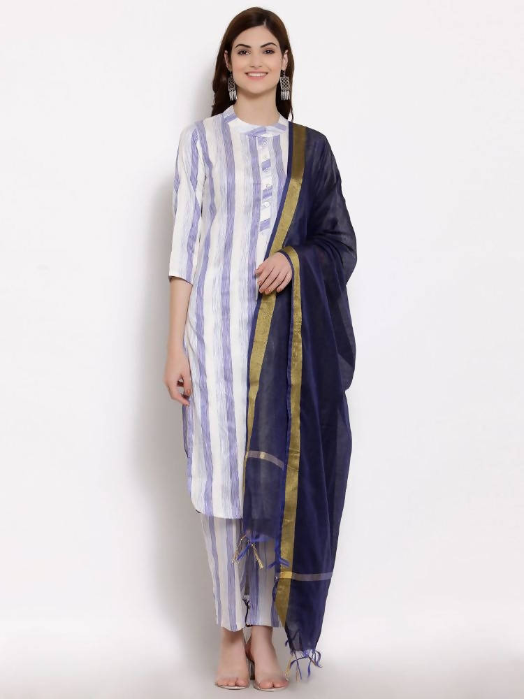 Myshka Women's Blue Cotton 3/4 Sleeve Mandarin Collar Printed Casual Kurta Pant Dupatta Set