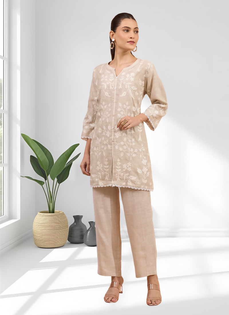 Joban Fashion Beige Linen Embroidered Readymade Cord Set - Distacart