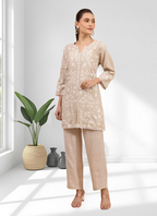 Joban Fashion Beige Linen Embroidered Readymade Cord Set - Distacart