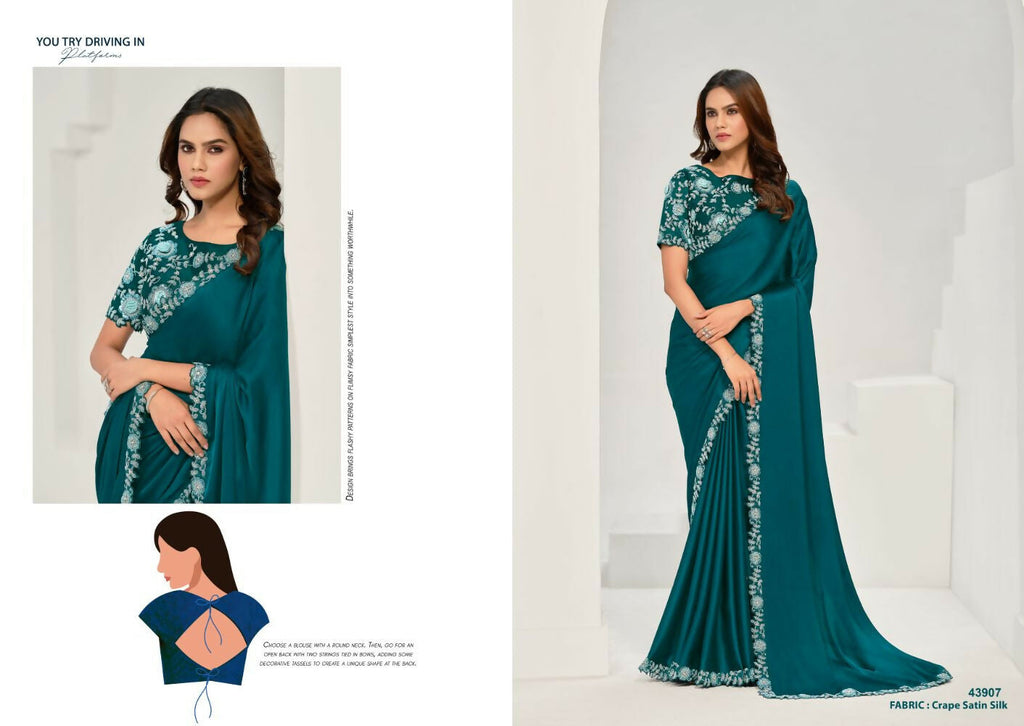 Teal Crepe Satin Silk Sequence & Applique Saree with Unstitched Blouse Piece - Norita Saanjh