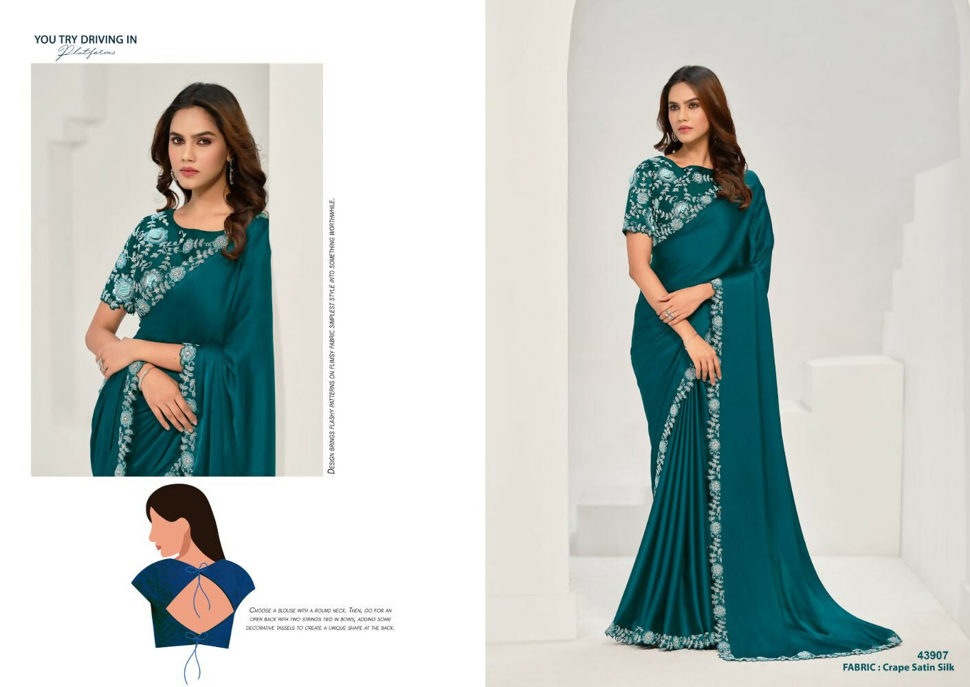 Teal Crepe Satin Silk Sequence & Applique Saree with Unstitched Blouse Piece - Norita Saanjh