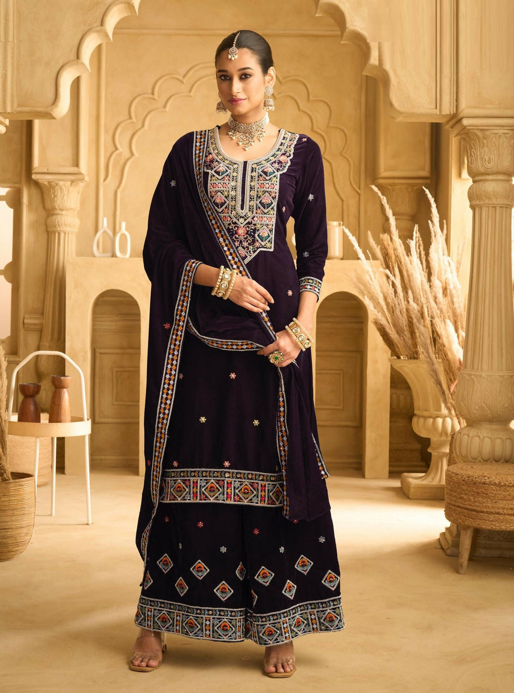 Anaita Dark Wine Embroidered with beads Velvet Stitched Plazo Suit - Distacart