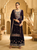 Anaita Dark Wine Embroidered with beads Velvet Stitched Plazo Suit - Distacart