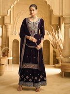 Anaita Dark Wine Embroidered with beads Velvet Stitched Plazo Suit - Distacart