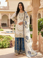 Teeya Creation Blue Gimmy Silk Designer Embroidery Work Wedding Wear Palazzo Pair - Distacart