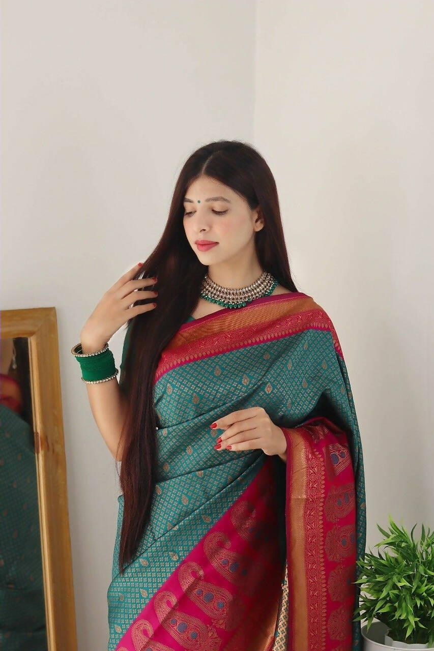DEIANA'S Beautiful Designer Golden zari Soft Lichi Silk Saree - Blue