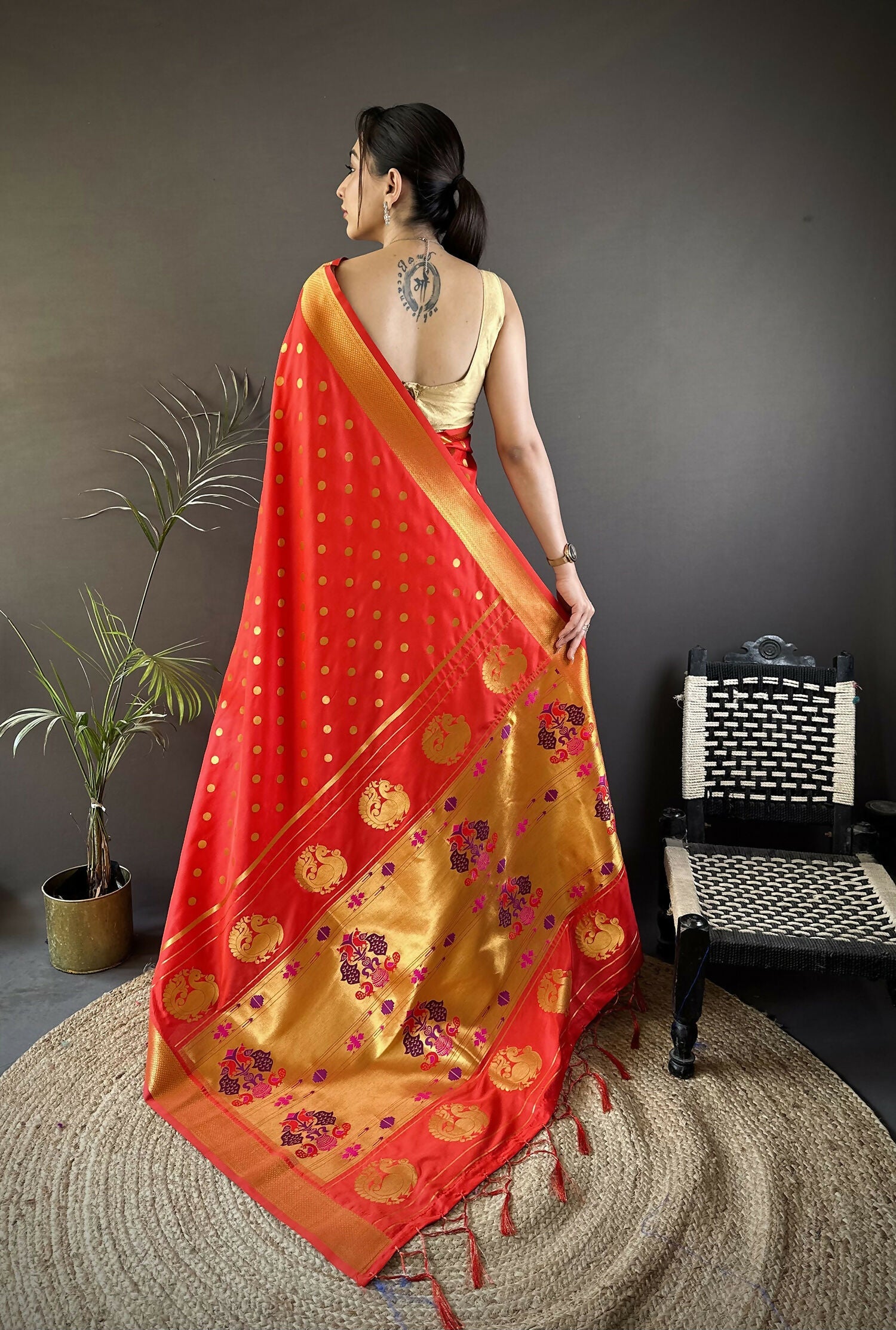 Joban Fashion Red Polka Dot Lichi Silk Paithani Silk Saree - Distacart