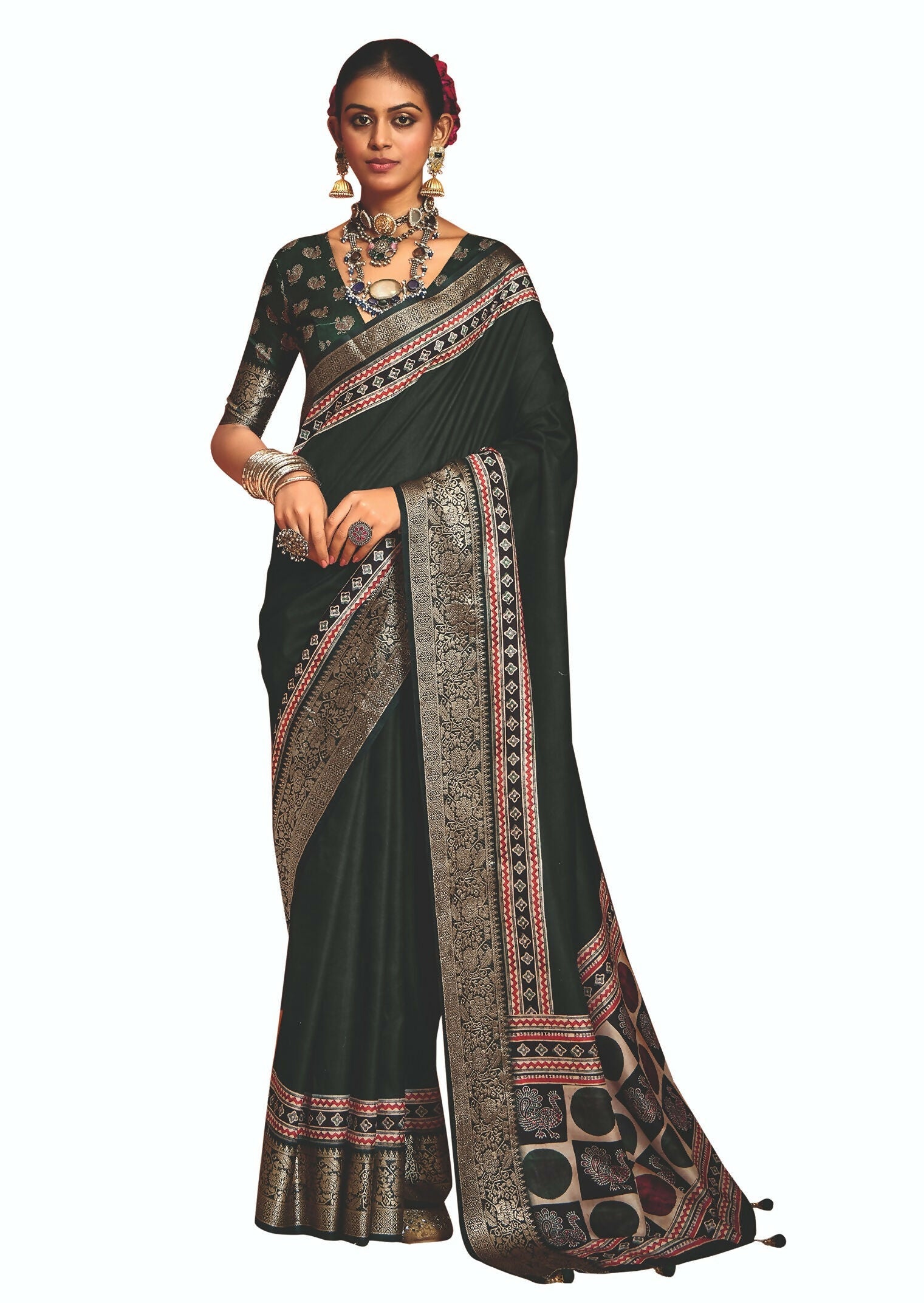Joban Fashion Green Art Silk With Fine Viscose Border Ajrak Full Body Print With Soft Finish Saree - Distacart