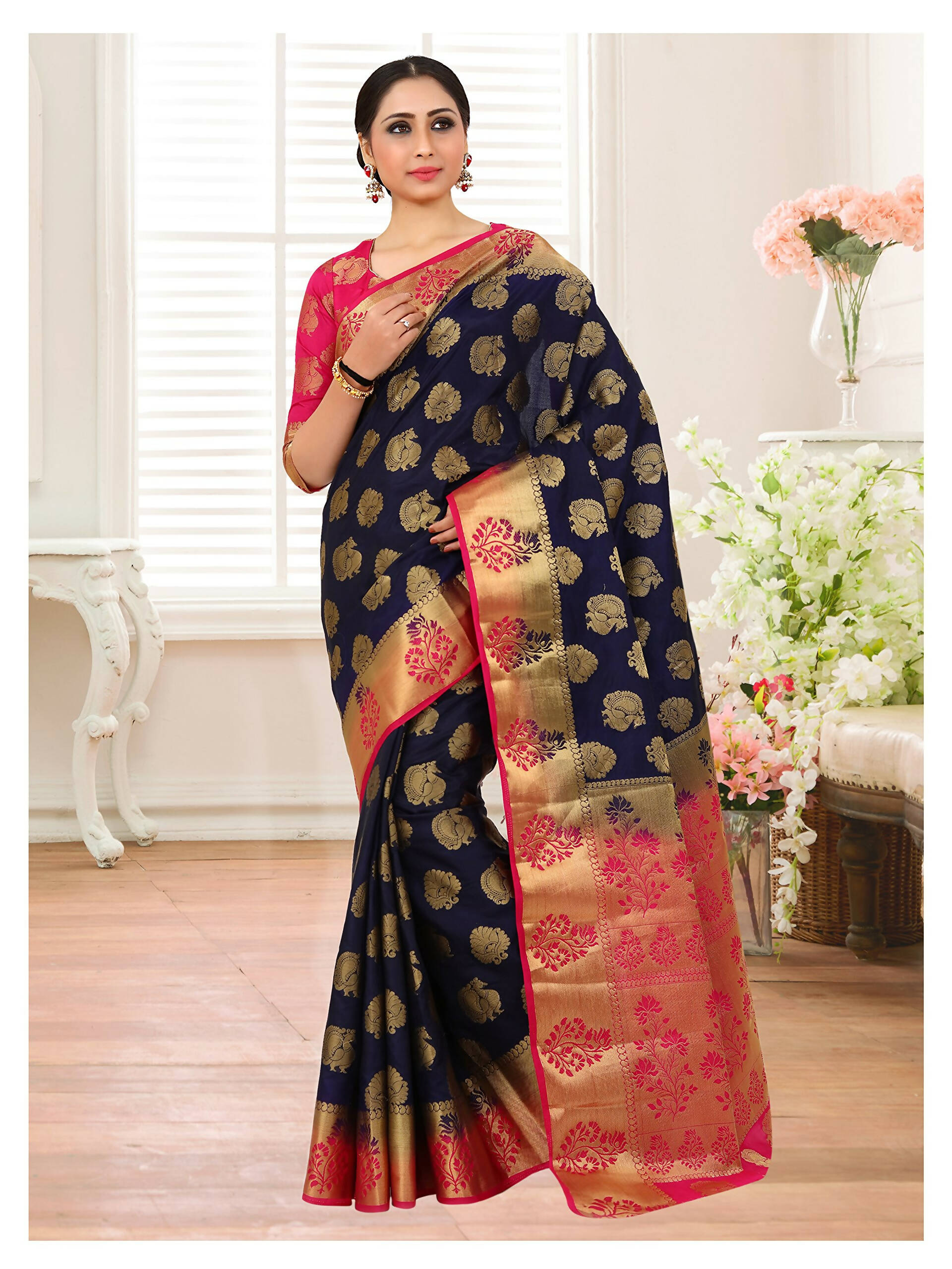 Mimosa Kanchipuram Silk Navy Blue Saree - Distacart