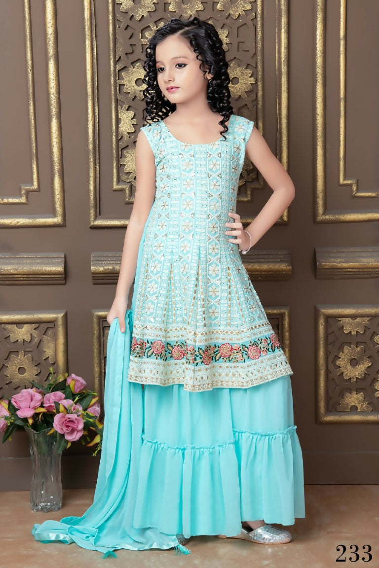 Kids Wedding Designer Sky Faux Georgette Sharara Suit - Aaradhna