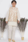 Little Bansi Banarsi Red Tulip Embroidery Jacket with Cotton Kantha kurta and Kantha Pyjama - Cream