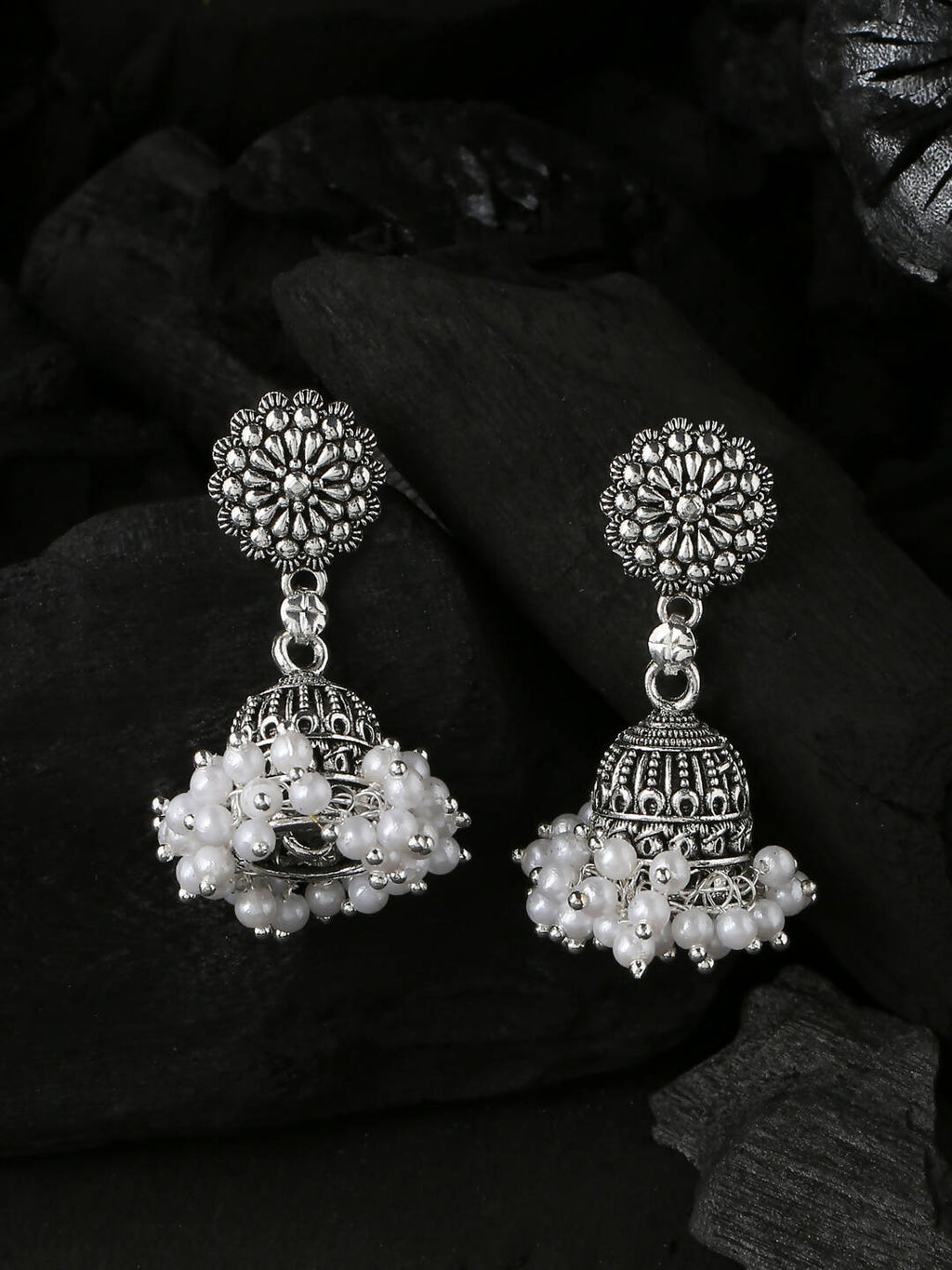 NVR Women Silver Toned Dome Shaped Jhumkas Earrings - Distacart