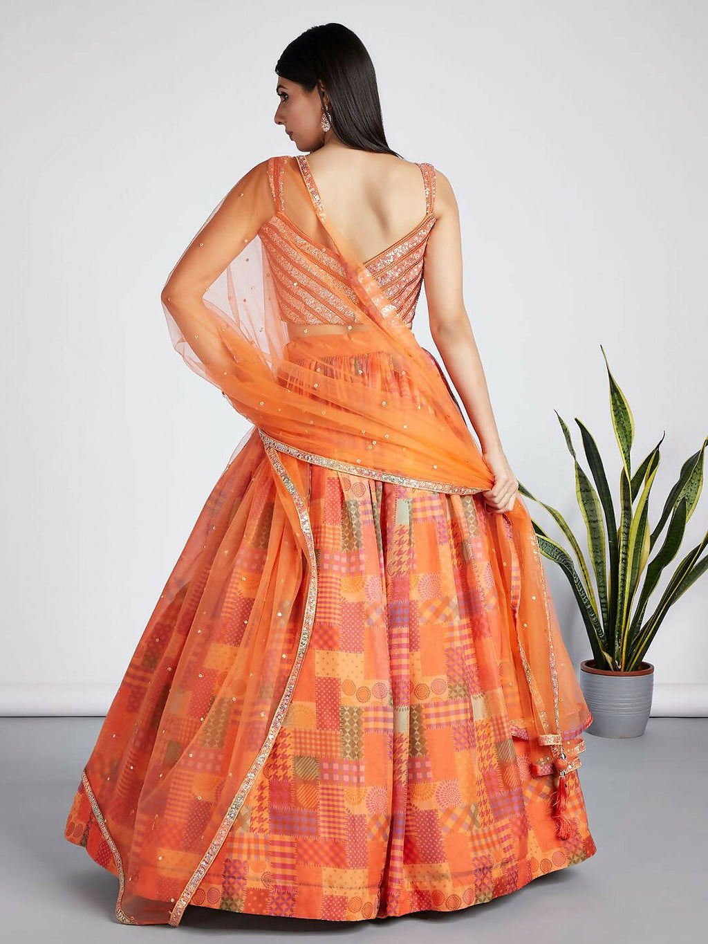 House of Panchhi Orange colour Organza Treditional design digital print Semi-Stitched Lehenga choli & Dupatta
