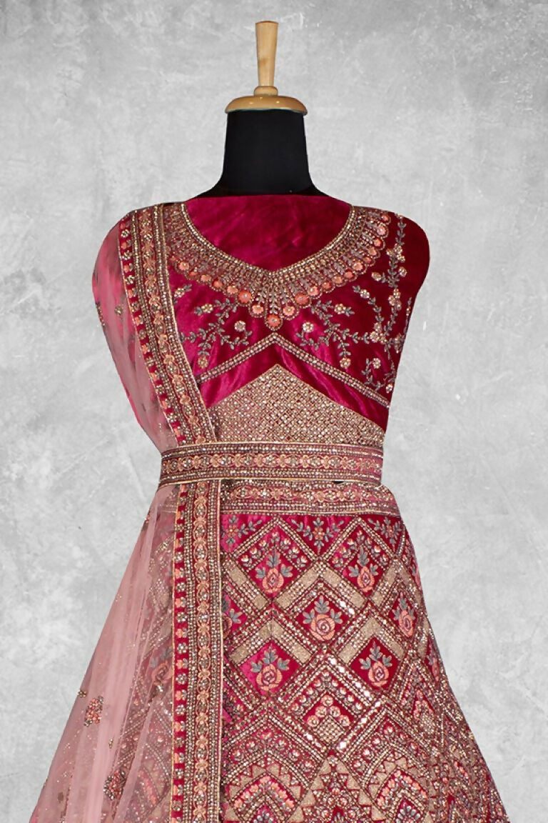 Red Velvet Pure Mirror Work Semi Stitched Lehenga Choli with Dupatta - Nimaya Lagnotsav