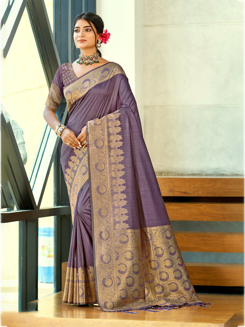 Sangam Prints Purple Blue Assam Silk Woven Work Traditional Saree