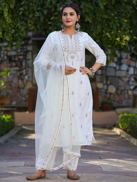 Juniper Women's Off-White Chinnon Embroidered Kurta Pant Dupatta Set