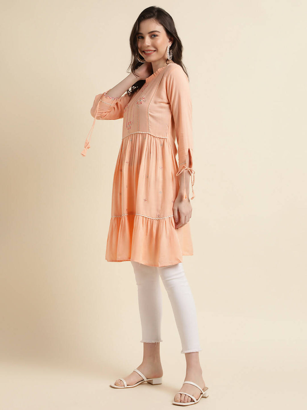 Peach Poly Cotton Yoke Embroidered A-line Top - Tarini