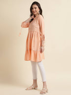 Peach Poly Cotton Yoke Embroidered A-line Top - Tarini