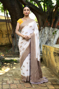 Joban Fashion Ivory Crepe Chiffon Pure Handloom Banarasi Silk Saree