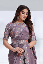 Lavender Crepe satin silk Cord & Sequence Embroidered with Stone work Saree - Mohmanthan Majestica - Distacart