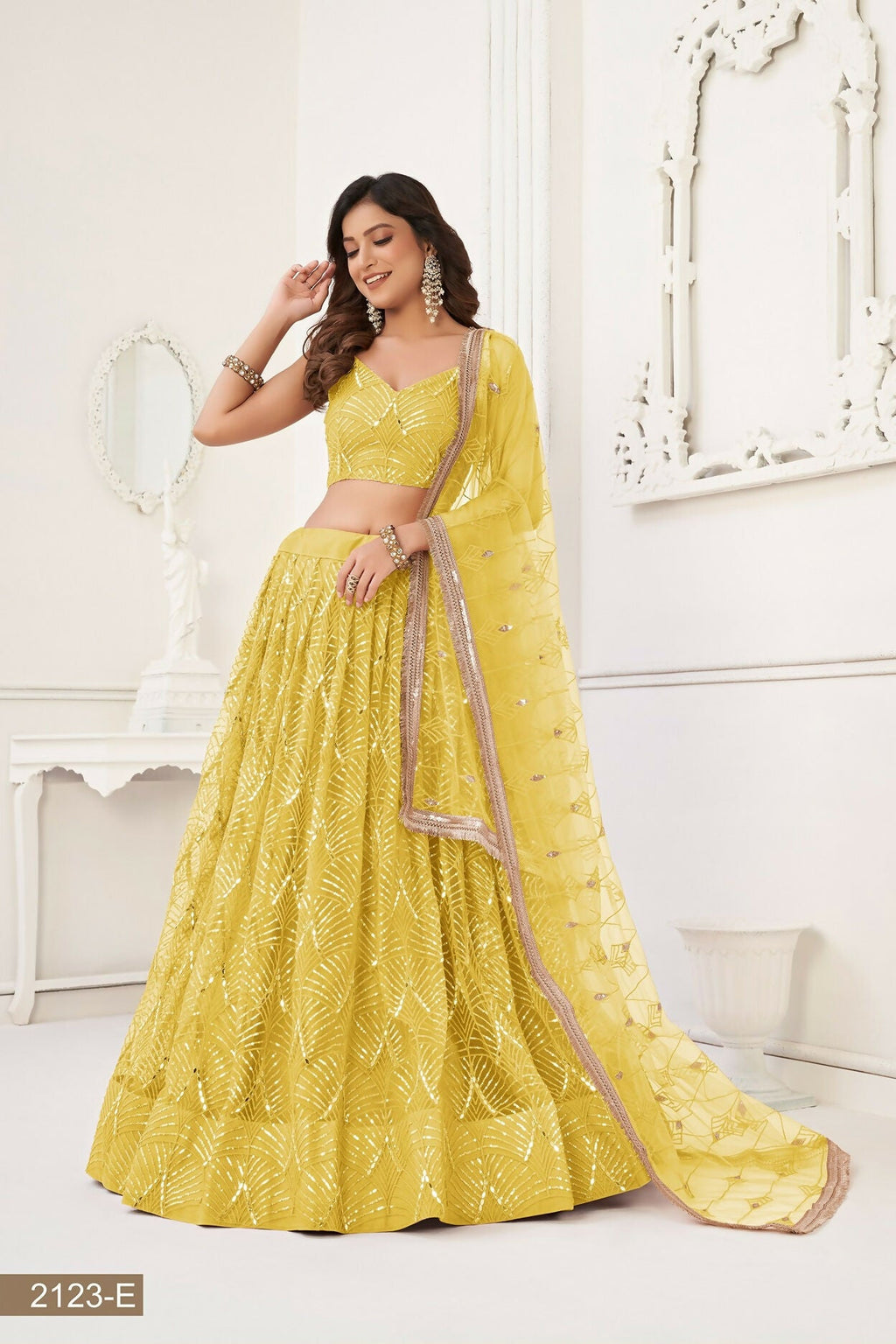 Eilara Glamorous Yellow Net With Sequins And Thread Embroidery Real Mirror Work Lehenga Choli For Wedding