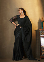 Black Satin Silk Floral Embroidered with Swaroski Work Saree With Unstitched Blouse Piece - Norita Royal Erisha