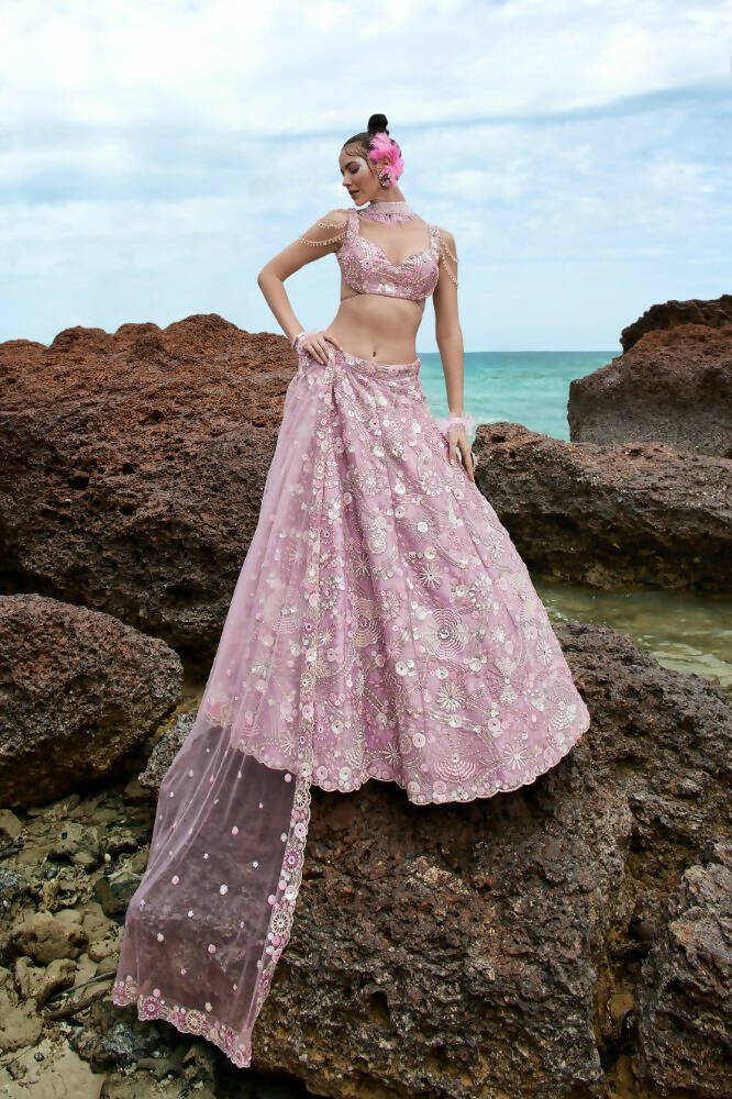 House of Panchhi Mauve Organza Sequins, Zarkan And Thread Embroidery Lehenga Choli & Dupatta