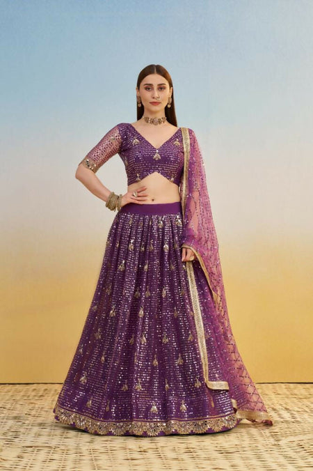Aastha Fashion Dark Purple Butterfly Net Tone To Tone Thread Work, Sequence Work And Original Mirror Work Embroidery Wedding Wear Lehenga Choli