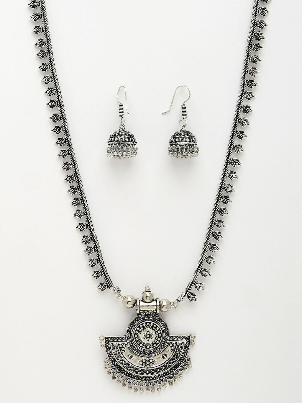 NVR Women's Silver-Toned German Silver Oxidised Necklace with Jhumka Earrings