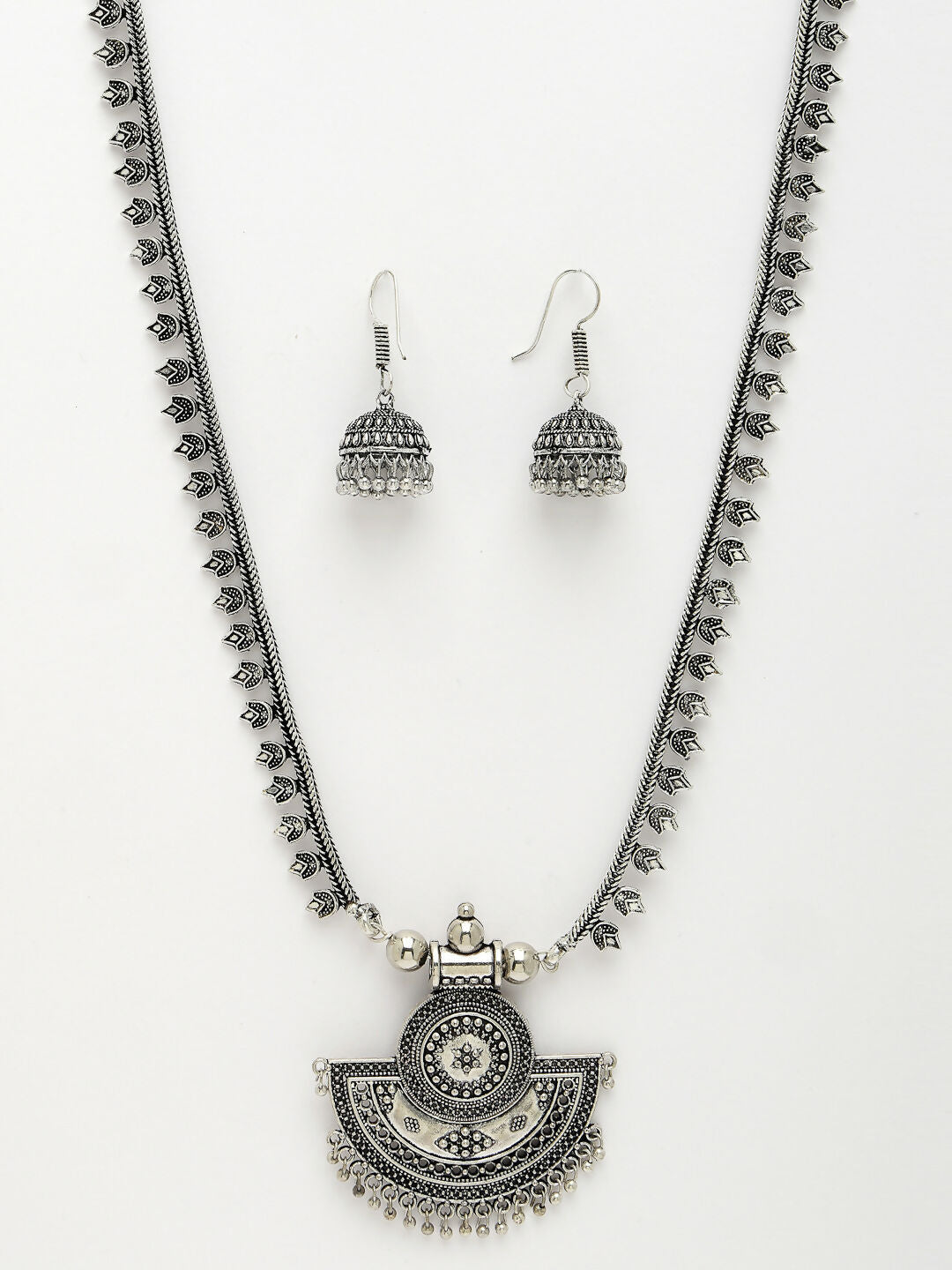 NVR Women's Silver-Toned German Silver Oxidised Necklace with Jhumka Earrings