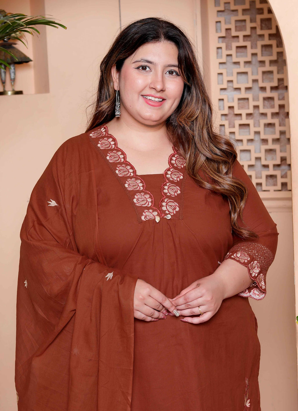 Miravan Womens Plus Size Embroidered Cotton Kurta with palazzo & Dupatta Set